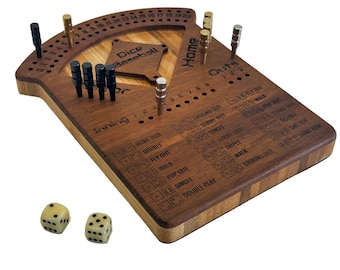 May include: A wooden Dice Baseball game board with engraved text and a baseball diamond design. Includes dice and pegs. The board features scoring options like "Home Run" and "Strike Out".