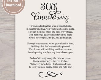 30th Anniversary Poem, PRINTABLE Poetry Instant Download, 30 Years of Marriage Gifts