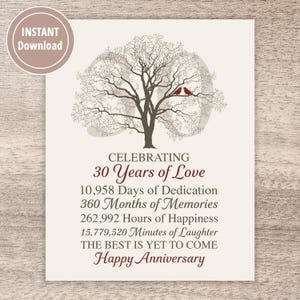 30th Anniversary Printable Art, Tree with Birds and 30 Years, Wedding Anniversary Sign for 30 Years, INSTANT DOWNLOAD