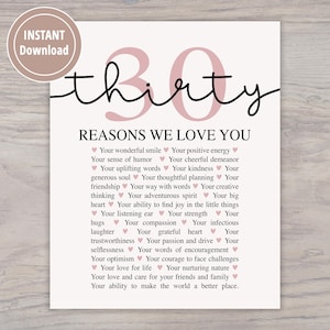 30th Birthday Art, 30 Reasons We Love You, Instant Download Gift for Friend, Daughter Turning 30 Years Old, Neutral Pink, Black