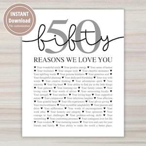 Puede incluir: Un póster imprimible en blanco y negro con la palabra "fifty" en gris. El póster enumera 50 razones por las que alguien es amado, con cada razón precedida por un símbolo de corazón.