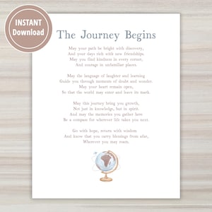 Study Abroad Gift for Student Going Overseas, The Journey Begins Poem, Graduation Gift, Foreign Exchange Program Printable Art