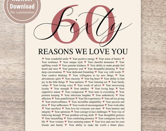 Puede incluir: Un póster imprimible con un número 60 rosa y el texto "Reasons We Love You" seguido de una lista de 60 razones, cada una con un símbolo de corazón.