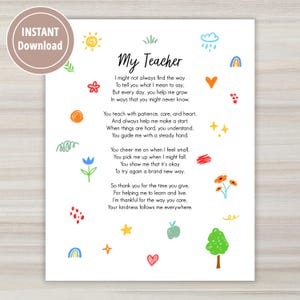 Lehrer-Gedicht druckbare Kunst, danke Geschenk für Kinderlehrer, Grundschule, Mittelschule, Gymnasium, Abschlusszeichen-Andenken