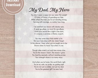 Poema imprimible para papá militar: regalo de cumpleaños patriótico, arte mural para papá soldado, homenaje personalizado a un héroe, ejército, marina, infantería de marina, fuerza aérea