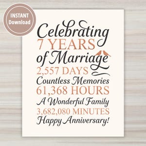 May include: A white card with black text celebrating 7 years of marriage. The text includes the number of days, hours, and minutes in 7 years. The card also says "Happy Anniversary!" with two small birds in the corner.