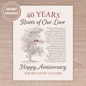 May include: A printable 40th anniversary card with a gray and white illustration of a tree with two red birds perched on a branch. The text reads "40 Years Roots of Our Love Happy Anniversary The Best Is Yet To Come".