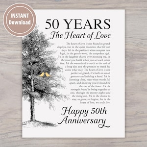 50th Anniversary Poetry Printable, The Heart of Love Poem about 50 Years of Marriage, Gold Birds in Black Tree
