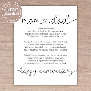 May include: A printable card with a poem about love and marriage. The card says "mom & dad" and "happy anniversary".