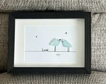 Handmade Sea Glass Love Birds Art – 5x7 Shadow Box Coastal Decor