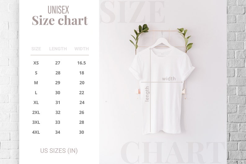 May include: Unisex size chart for a t-shirt with measurements in inches. The chart shows the size, length, and width of the shirt in inches. XS is 27 inches long and 16.5 inches wide. S is 28 inches long and 18 inches wide. M is 29 inches long and 20 inches wide. L is 30 inches long and 22 inches wide. XL is 31 inches long and 24 inches wide. 2XL is 32 inches long and 26 inches wide. 3XL is 33 inches long and 28 inches wide. 4XL is 34 inches long and 30 inches wide.