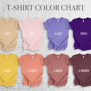 May include: A color chart displaying various t-shirt colors, including peach, rose, H. lilac, purple, yellow, H. sunset, H. mauve, and H. maroon. The text "T-SHIRT COLOR CHART" is at the top.