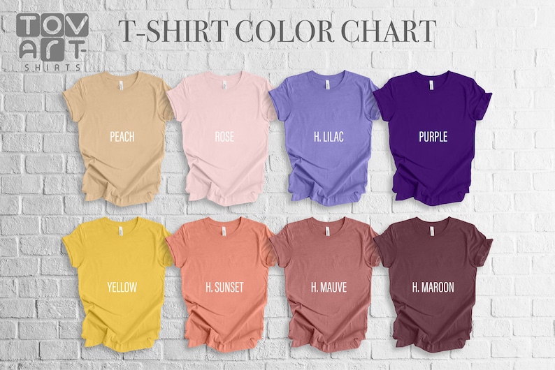 May include: A color chart displaying various t-shirt colors, including peach, rose, H. lilac, purple, yellow, H. sunset, H. mauve, and H. maroon. The text "T-SHIRT COLOR CHART" is at the top.