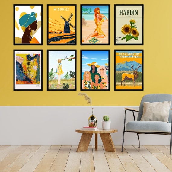 Yellow Gallery Wall Art Set of 8 Vintage Botanical Abstract Etsy