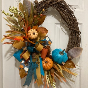 Fall autumn Grapevine wreath with teal pumpkin for Porch