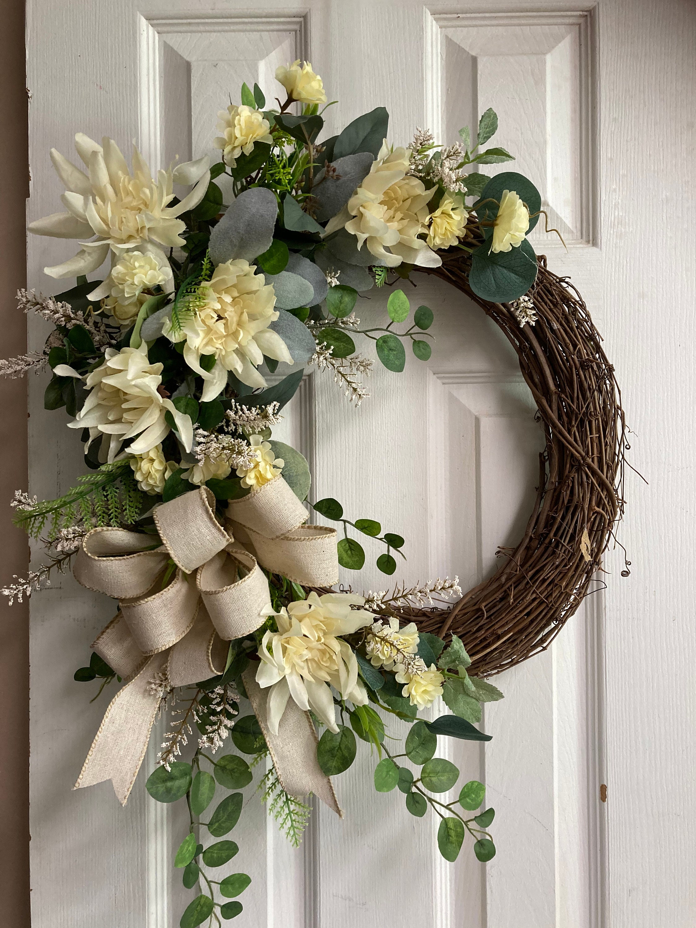 Front Door Grapevine Wreath With Cream Flowers and Natural Bow - Etsy