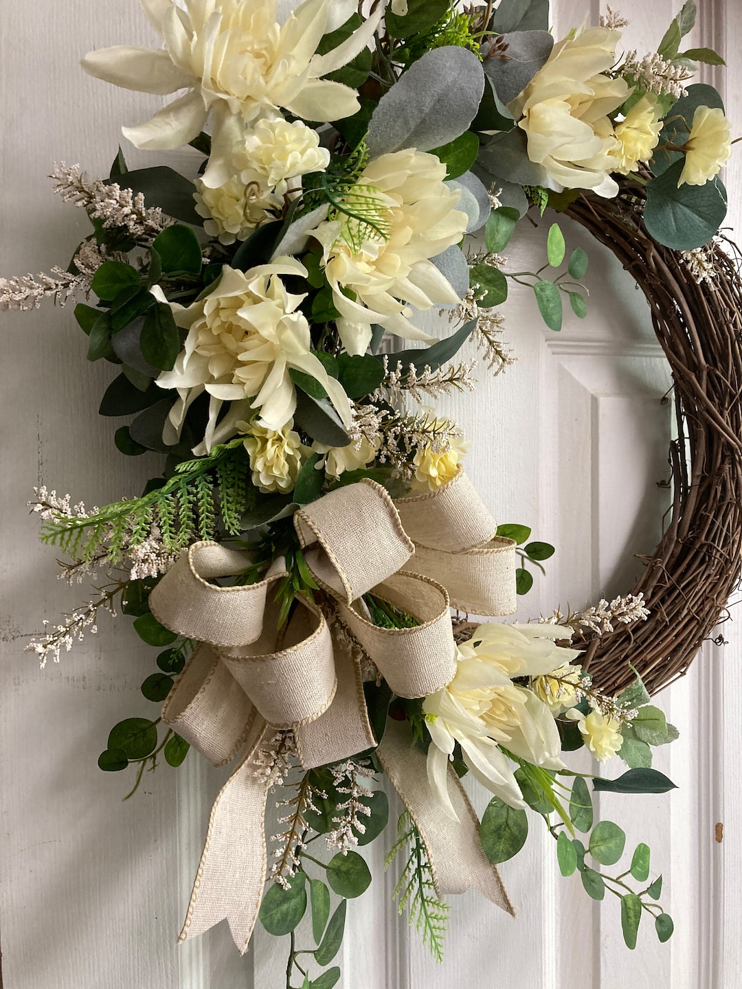 Front Door Grapevine Wreath With Cream Flowers and Natural Bow Etsy