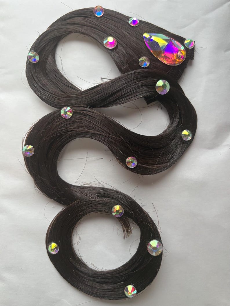 May include: A dark brown hair extension piece arranged in a serpentine shape, adorned with multiple small, round, iridescent rhinestones and one large, teardrop-shaped, multi-coloured iridescent crystal accent attached to the top section.