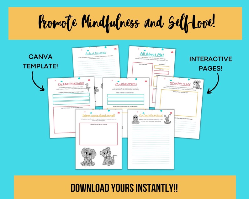 Self-Love Coloring Journal for Kids & Teens – Animal Mandalas, Affirmations (Printable PDF, Canva Template) image 3