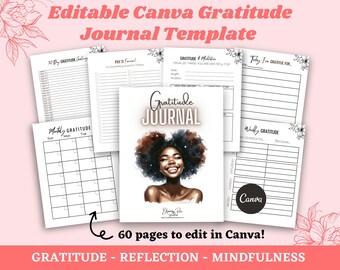 Editable Black Girl Gratitude Journal Template | Daily, Weekly, Monthly Reflection Planner (Canva)