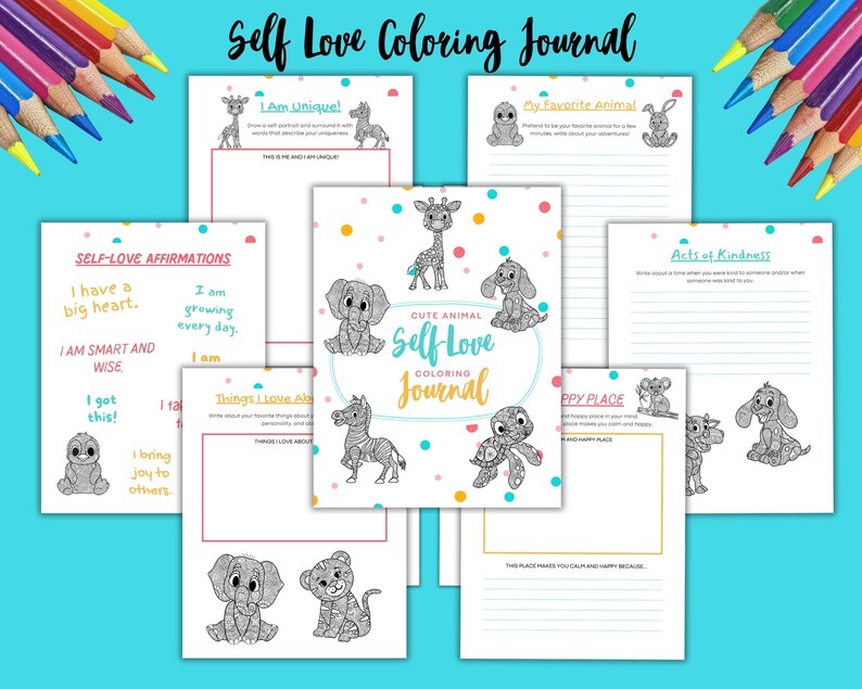 Self-Love Coloring Journal for Kids & Teens – Animal Mandalas, Affirmations (Printable PDF, Canva Template) image 1