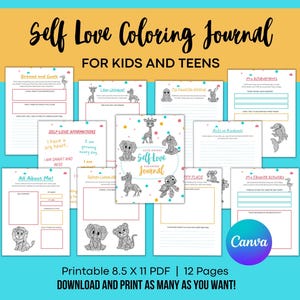 Self-Love Coloring Journal for Kids & Teens – Animal Mandalas, Affirmations (Printable PDF, Canva Template) image 2