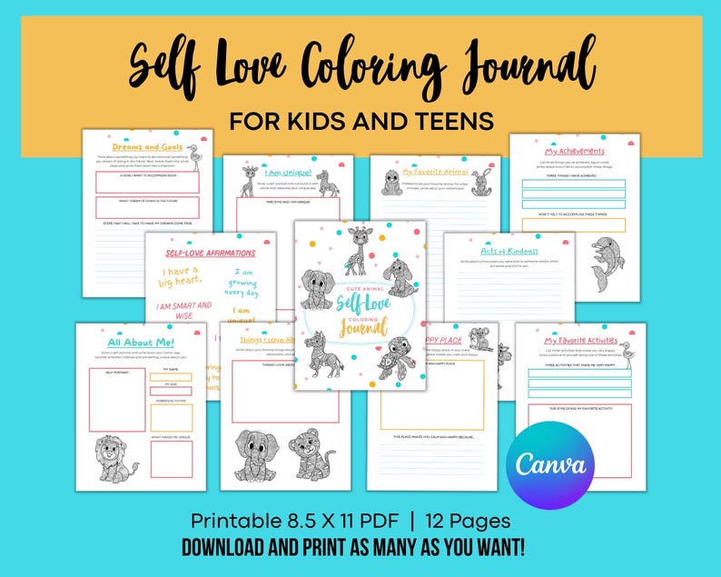 Self-Love Coloring Journal for Kids & Teens – Animal Mandalas, Affirmations (Printable PDF, Canva Template) image 2