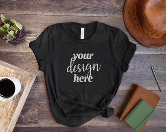 Black Bella Canvas 3001 Mockup / T-Shirt Mockup con libri e caffè / Flat Lay Boho / 3001CVC Black Tee SVG Scarica