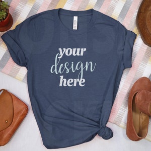 Bella Canvas 3001 Mockup | Bella Canvas Heather Navy T-Shirt Mockup | Heather Navy Shirt Mockup | Flat Lay Boho | 3001CVC Navy Blue Tee