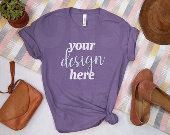 Heather Team Purple Bella Canvas 3001 T-Shirt Mockup | Bella Canvas CVC Purple Shirt Mockup | Flat Lay - No Model | 3001CVC Feminine Style