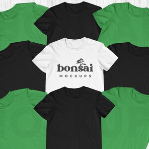 Puede incluir: Una maqueta de ocho camisetas de diferentes colores, incluyendo negro, blanco y verde. Las camisetas están dispuestas en círculo con el texto "bonsai mockups" en el centro.