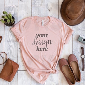 Pink Bella Canvas 3001 Mockup | Bella Canvas Pink T-Shirt Mockup | Pink Shirt Mockup | Flat Lay Boho White Wood Background