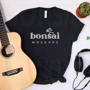 Music Tshirt Mockup | Black Bella Canvas 3001 Shirt Acoustic Guitar Headphones | Tshirt Mockup for Musicians | Shirt with Musical Instrument