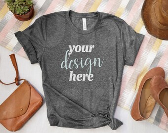 Bella Canvas 3001 Mockup | Bella Canvas Dark Grey Heather T-Shirt Mockup | Gray Shirt Mockup | Flat Lay Boho | 3001 Dark Grey Heather Tee