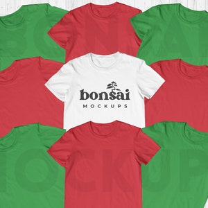 Christmas Party Group Shirts Mockup | Holiday Family Group Tshirts Mock-Up | Red Green and White Unisex Blank Tees Mockup SVG JPG Download