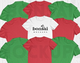 Mockup för grupptröjor för julfest | Mockup för grupptröjor för högtider och familj | Mockup för rödgrön och vit unisex tomma t-shirts, SVG JPG-nedladdning