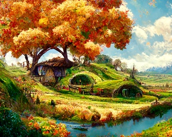 IN STOCK: Tolkien-inspired Cottage H-5 - Human/AI hybrid art print or gallery wrapped canvas