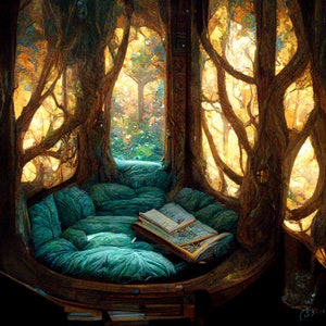 IN STOCK: Tolkien-inspired Reading Nook R-1 - Human/AI hybrid art print or gallery wrapped canvas