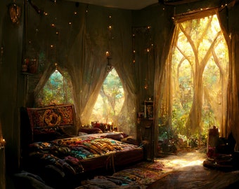IN STOCK: Tolkien-inspired Bedroom L-2 - Human/AI hybrid art print or gallery wrapped canvas