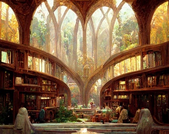 IN STOCK: Tolkien-Inspired Library 1 - Human/AI hybrid art print or gallery wrapped canvas