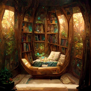 IN STOCK: Tolkien-inspired Reading Nook R-2 - Human/AI hybrid art print or gallery wrapped canvas