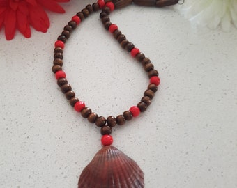 Natural Scallop Shell With Red And Brown Beads,Beaded Necklace,Shell Necklace, Beach wear necklace