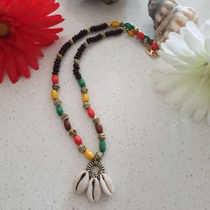 Beaded Bib Necklace: Cowrie Shell Pendant, Multicolour Beads