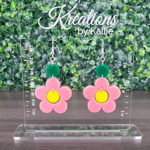 Pink Flower Dangle Earrings Easter Earrings Green Pink Yellow Gift for Earring Lovers Spring Earrings Laser Cut Earrings