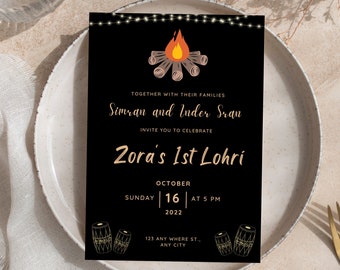 May include: Black invitation card with gold text and a bonfire graphic. The card reads "Simran and Inder Sran invite you to celebrate Zora's 1st Lohri" on October 16, 2022, at 5 PM. Includes address details.