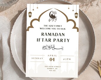 May include: A white invitation card with gold accents and a crescent moon design. The text reads "The Aziz Family Welcome You To Our: Ramadan Iftar Party" with the date and time "Sunday, April 04 @ 7PM". The address is "1111 111th Street Surrey, BC V11 1A1".