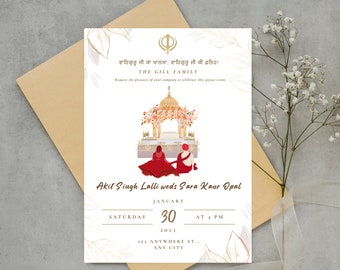 Può includere: Un invito di nozze con un'illustrazione dorata di un tempio e dettagli floreali. L'invito annuncia il matrimonio di Akit Singh Lalli e Sara Kaur Opal, con la data del 30 gennaio 2021 alle 16:00. Sfondo bianco.