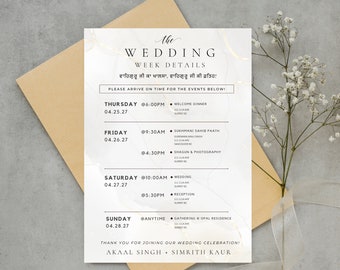 Wedding Week Itinerary | Event Schedule | Week Details | DIY, Editable, Printable, Digital