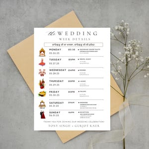 May include: A white wedding week details card with black text and decorative icons, placed on a brown envelope. The card lists events with times and locations, including Sukhmani Sahib Paath, Mehfil Night, Mehndi, Jaggo, Haldhi, Wedding, and Reception. The card is for Tony Singh and Gurjot Kaur.