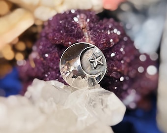 Crescent Moon and Star sterling silver handmade ring